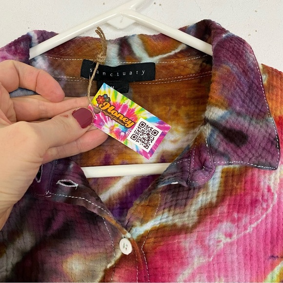 Handmade Geode Tie Dye Button Down Shirt Womens Small Colorful Cotton Crepe Pink - Picture 10 of 13